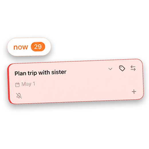 A 'now' task card: Plan trip with sister